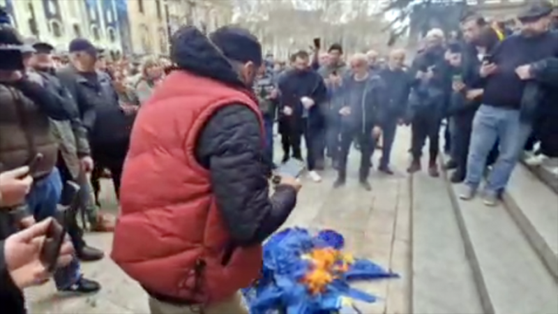 Протестующие в Тбилиси сожгли флаг Евросоюза перед зданием парламента